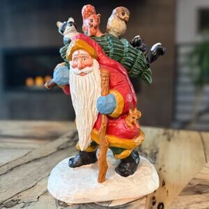 2001 Vintage Folk art Woodland Santa w Forest Animals by Susan M. Smith, 8.75"H